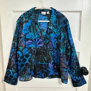 Chicos 100% Silk Blue Teal Abstract Paisley Boho Blouse Jacket Size 2